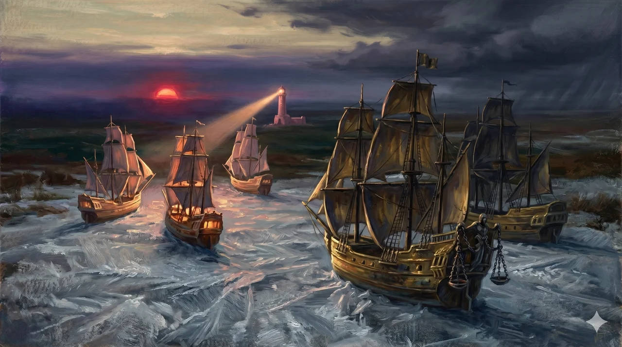 A stylized fleet of dark ships at dusk, several vessels visibly peeling off from formation and turning toward a distant lighthouse