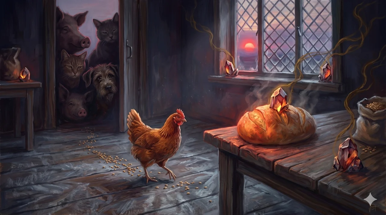 A little red hen walking toward a hot loaf of bread on a farmhouse table while other farmyard animals crowd the doorway, peering in