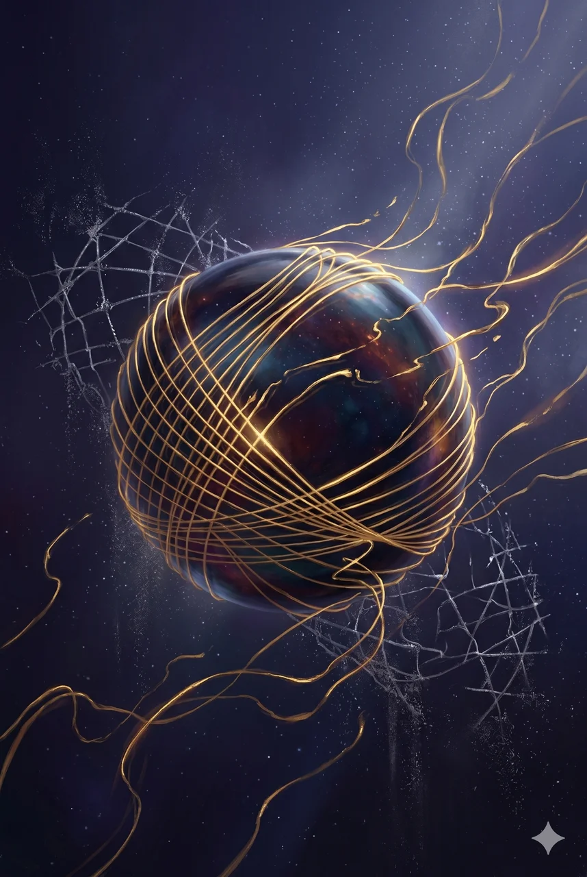 An illustration of a planetary grid of luminous threads unraveling from a dark-mirror sphere, strands releasing like cut moorings