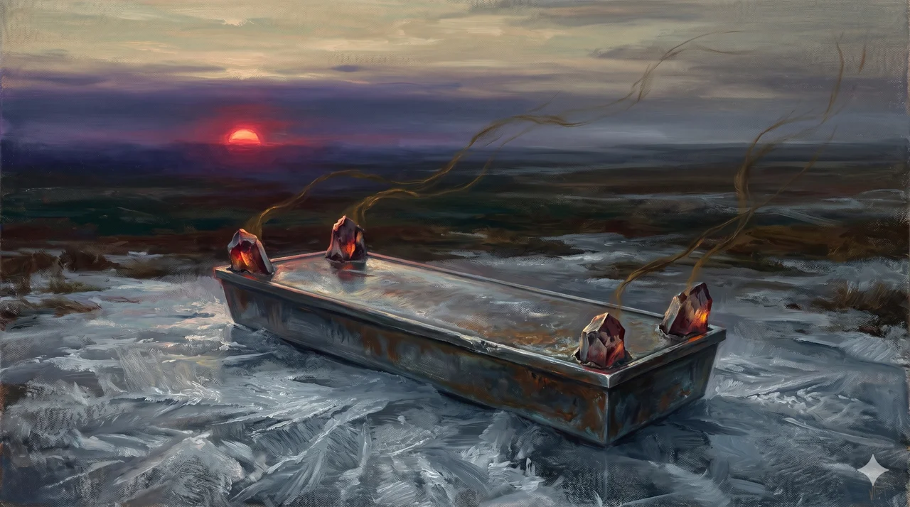 A coffin-shaped device resting on ice at dawn in the remote Kolyma tundra, crystals arranged at the corners, a low red sun breaking the horizon