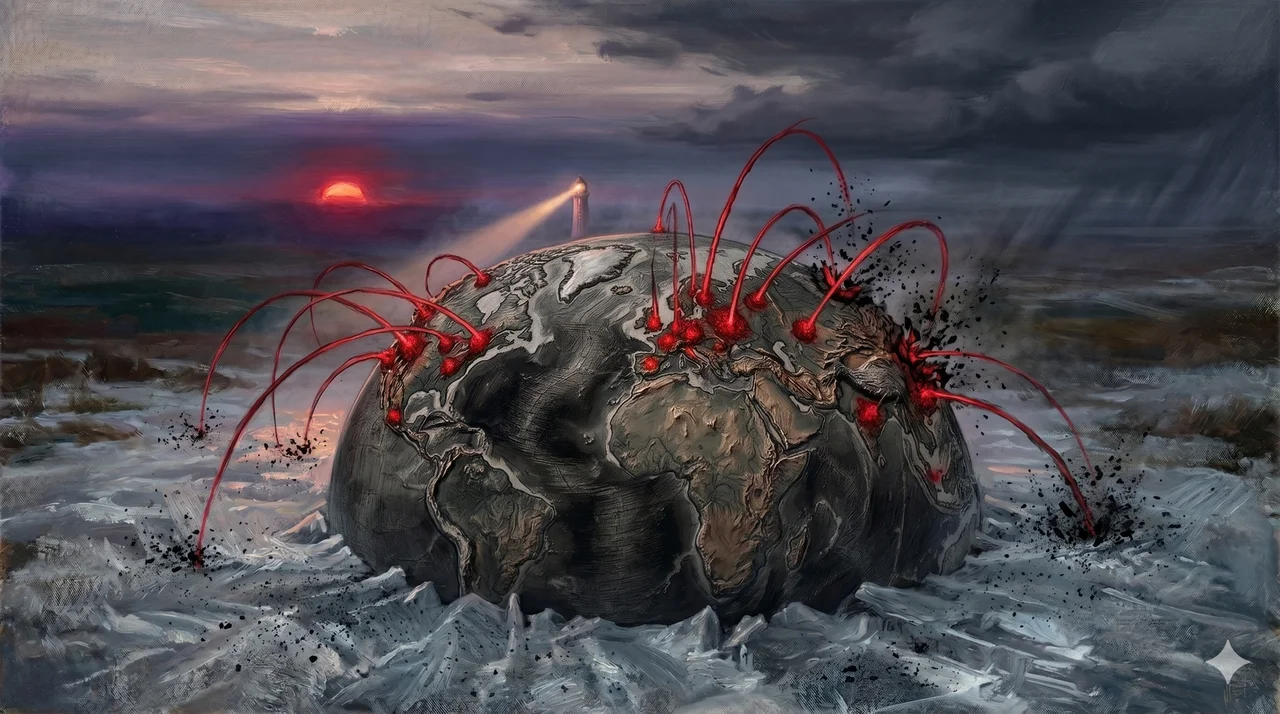 A darkened map of the globe with red nodes at surveillance hubs, arcs of energy rebounding from each node back at its origin point