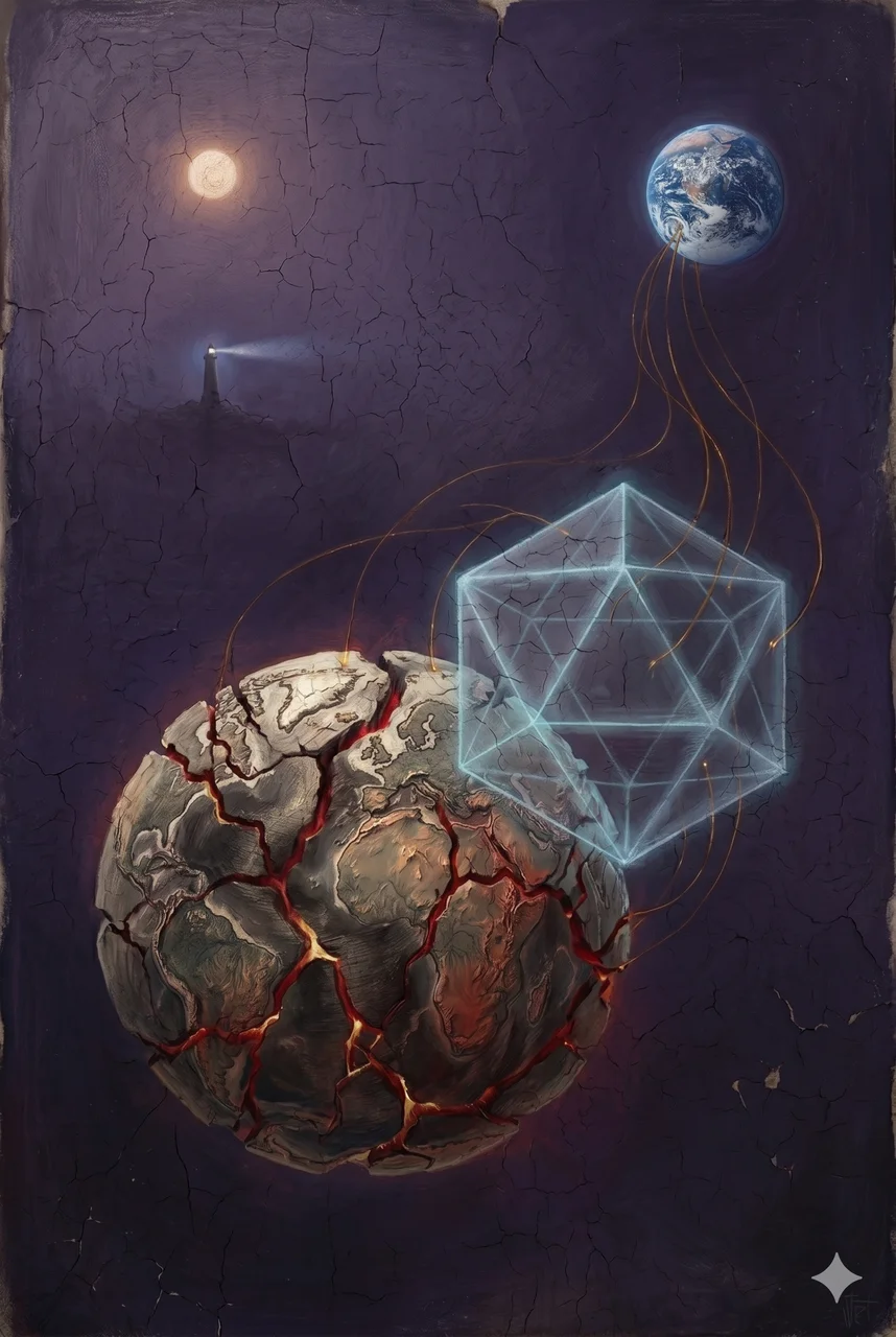 A shattered planet suspended in a dim violet void, a ghostly synthetic twin hovering beside it wired by threads of dark light to a distant blue Earth