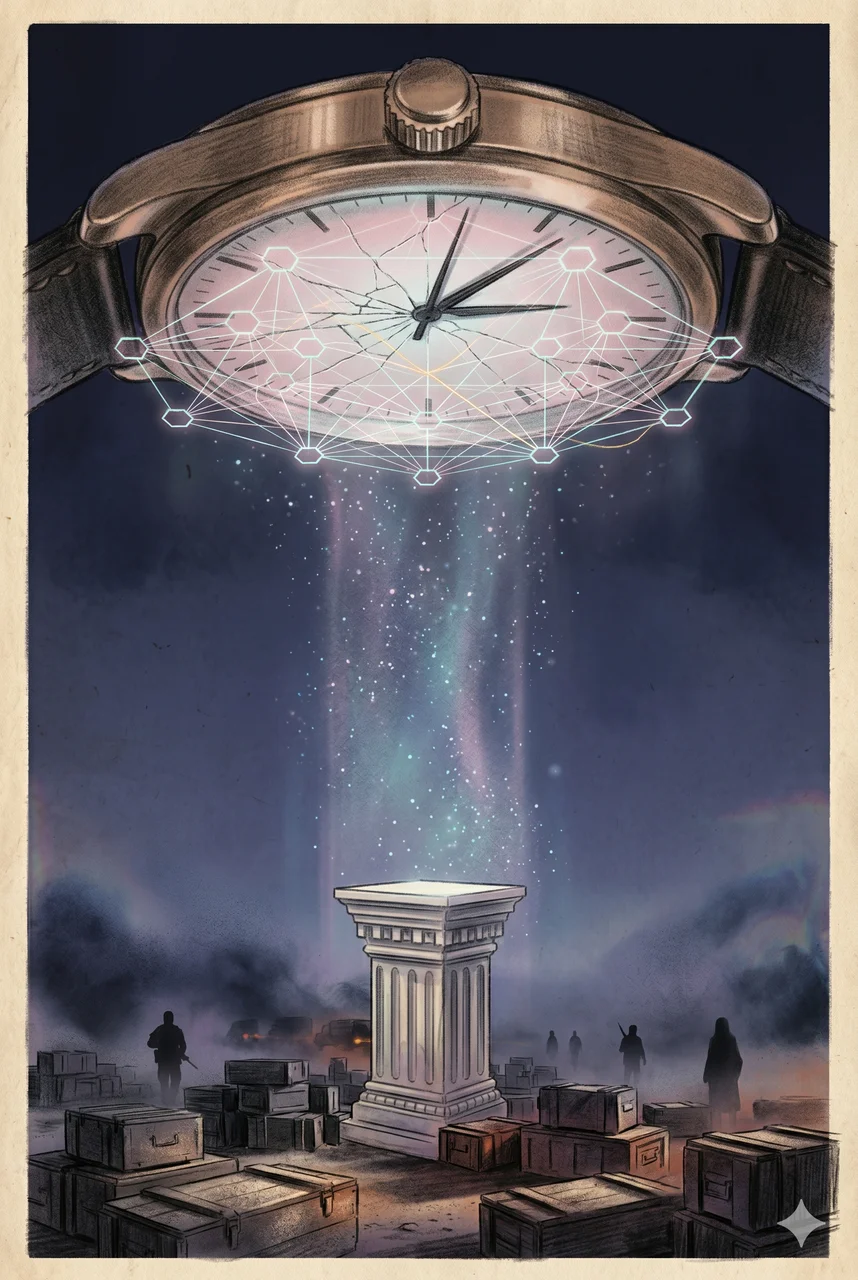 A luminous quantum-financial lattice suspended above an empty Treasury-style pedestal, the lattice clearly not touching the pedestal