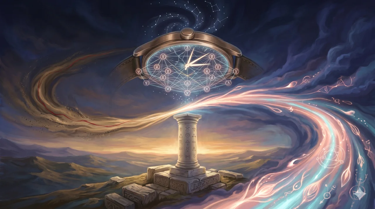 A luminous current of light reversing direction mid-flight, the old dark-gold decay trail fading behind it as a bright life-aligned beam pulls forward