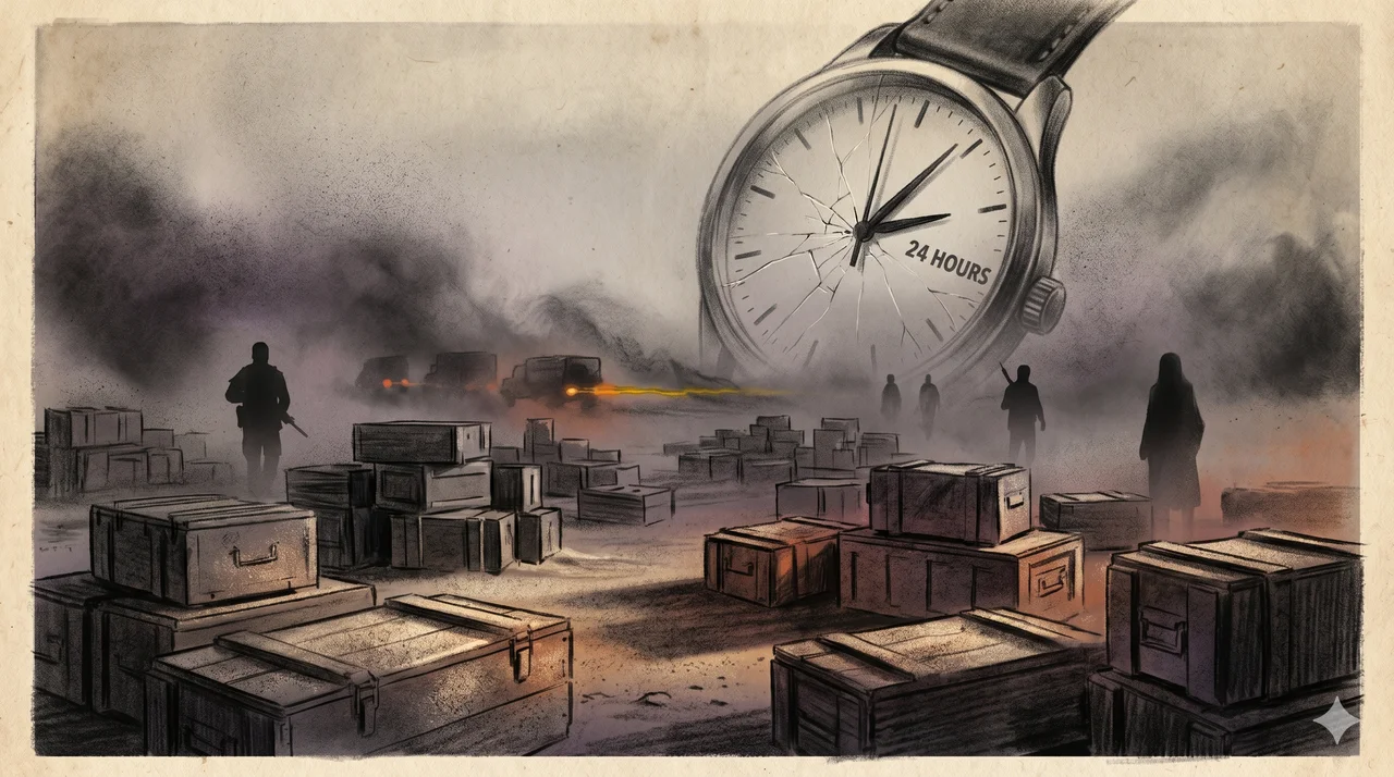 Wagner operatives moving at dusk through a battered Syrian town with weapon crates and ration cases stacked beside an idling convoy