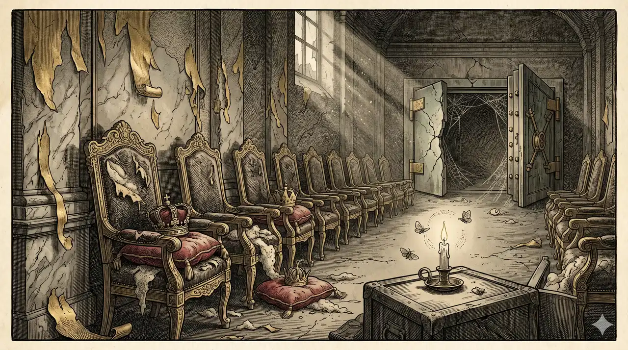 Empty ornate thrones in a collapsed treasury hall, gold leaf peeling from the walls