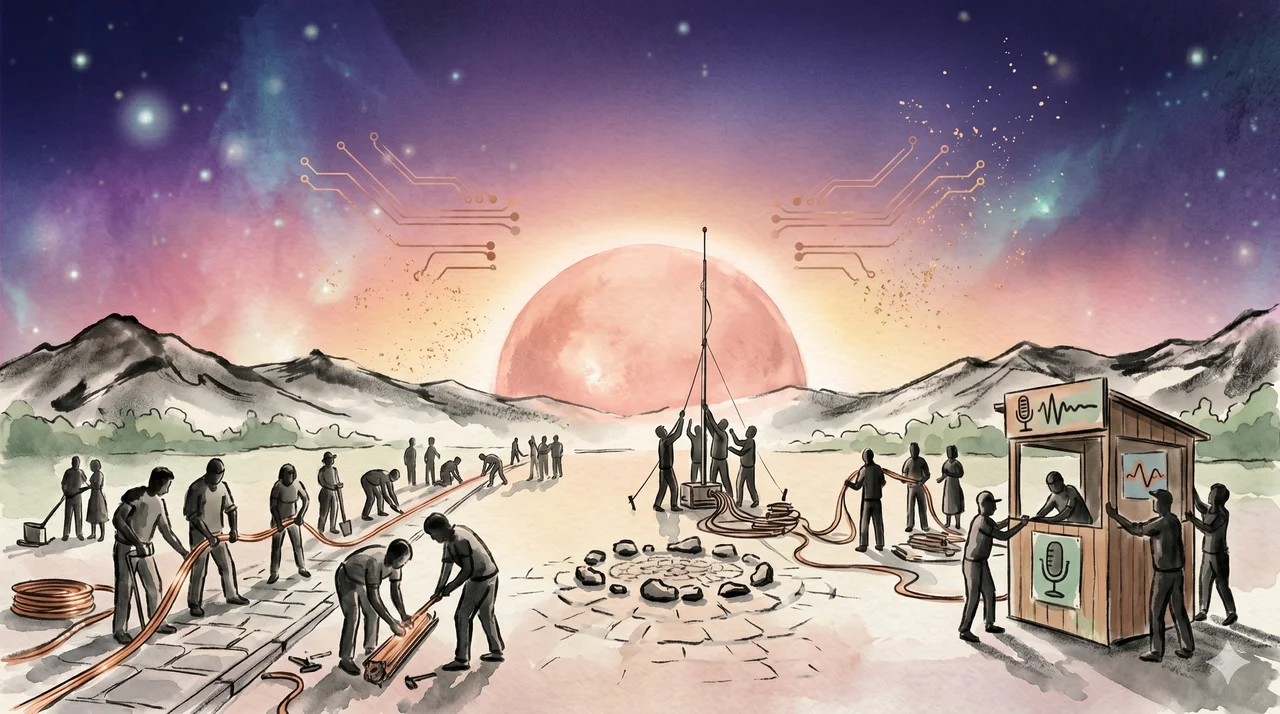 A diverse group of ordinary people in a town square, laying cable, raising antennas, and setting up a community broadcast station at dawn