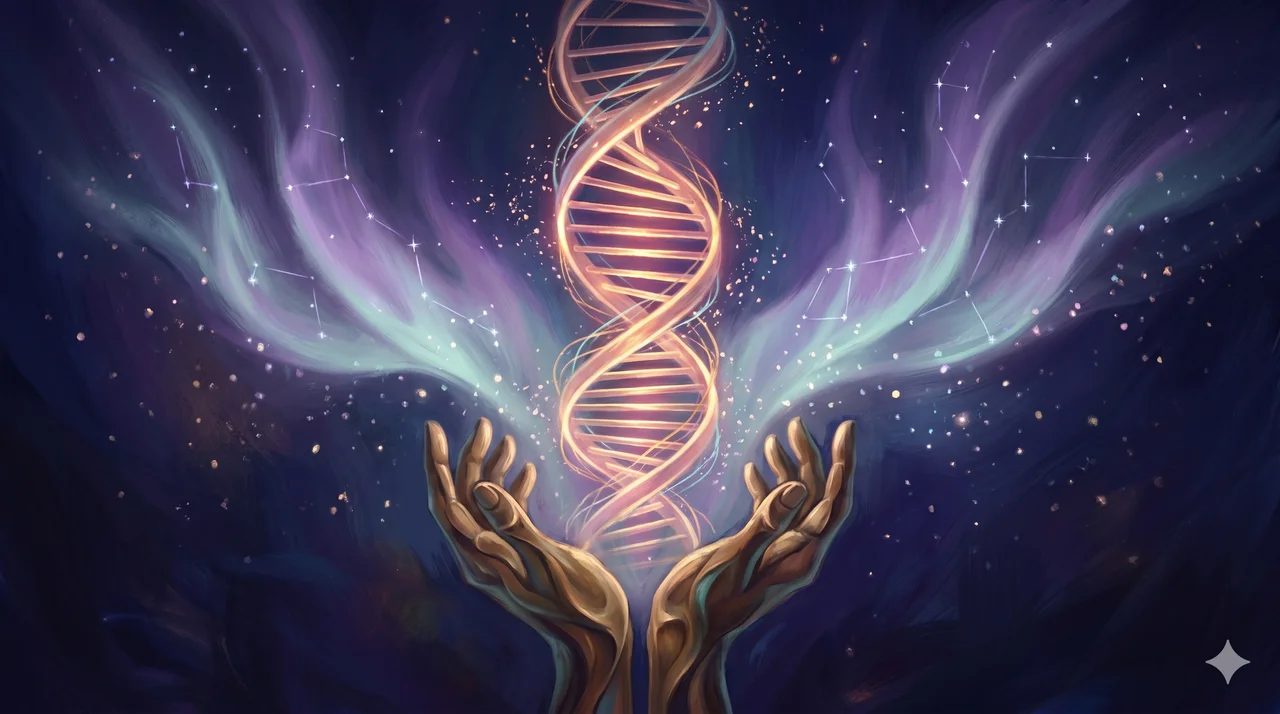 A double helix of living DNA glowing with golden light, rising from the hands of a seated figure