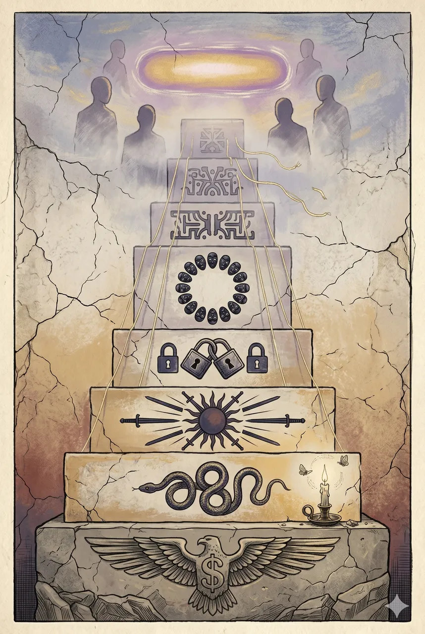 A layered pyramid showing the control hierarchy - Federal Reserve at the base, ascending through Dragon, Black Sun, Family Masters, Parents, to non-human figures at the apex