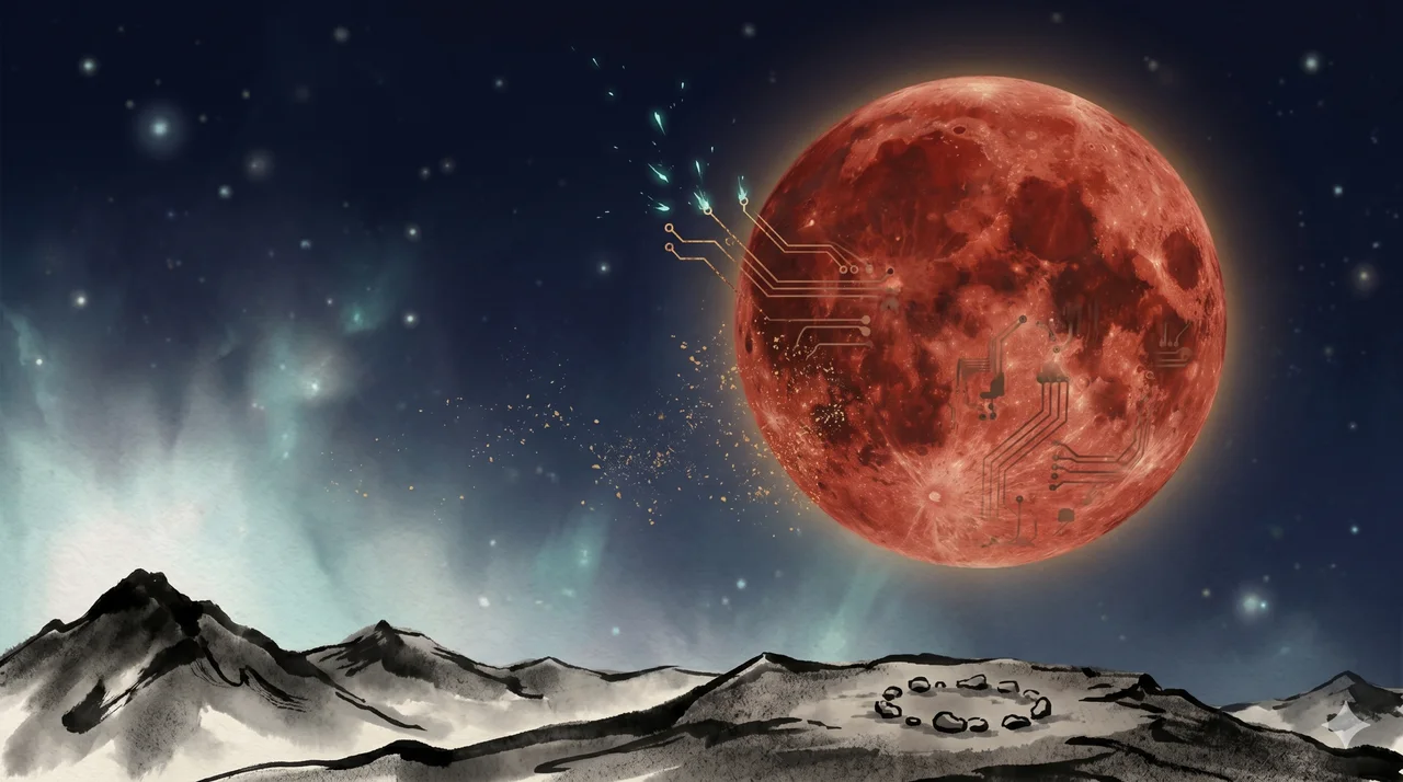 A blood-red moon in a dark sky, with a broken circuit board pattern fading from its surface
