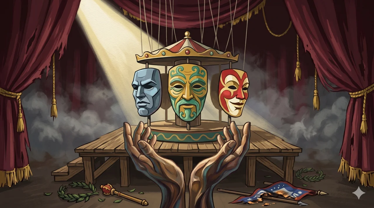 Three rotating masks of different world leaders on a stage, each lit by a spotlight for a few seconds before the next takes its place