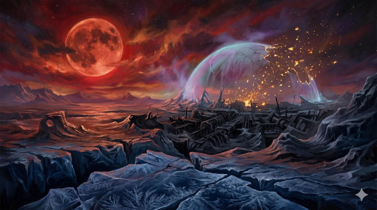 A blood-red full moon hangs over the frozen horizon as a faint dome of light collapses inward over an Arctic installation