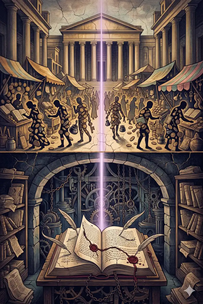 A symbolic portrait of a ledger being quietly rewritten by invisible hands while the room above bustles in oblivious activity