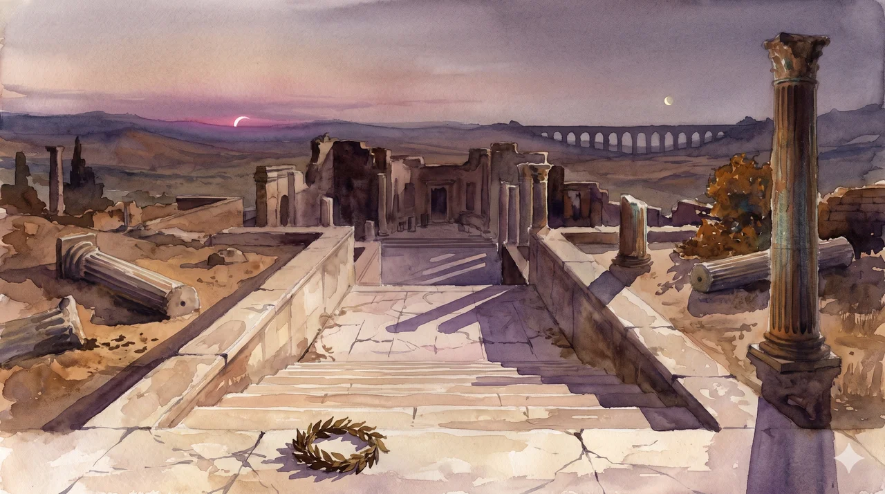 The worn stone steps of a Roman forum at twilight, long shadows falling across an empty curia