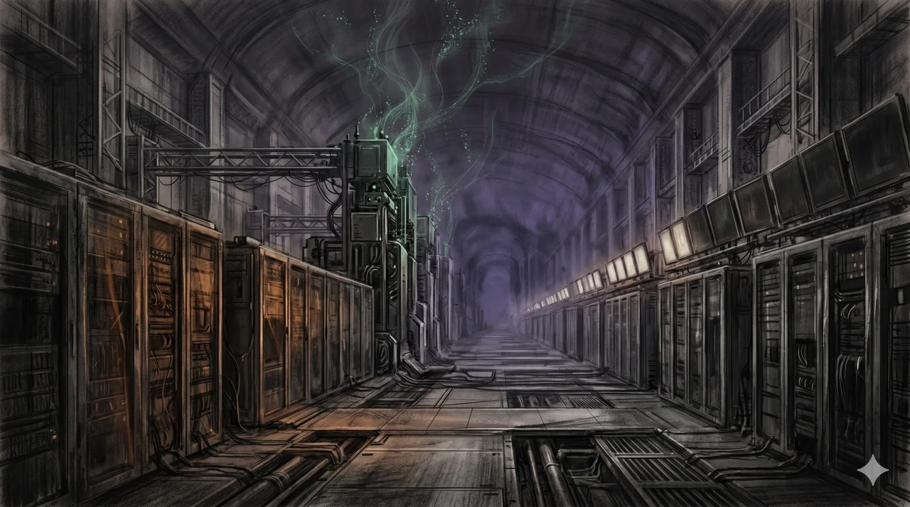 A vast server hall plunges into darkness as banks of monitors flicker and die in sequence