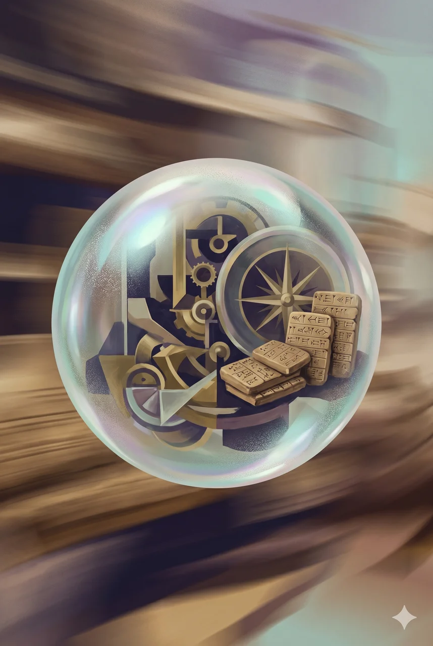 A translucent sphere suspended in darkness, its interior frozen mid-motion while the world outside blurs with passing time