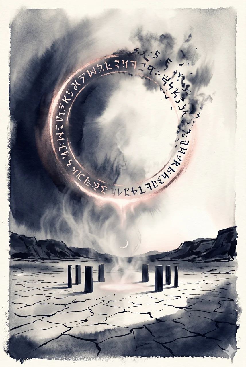 A luminous ring of ancient glyphs spinning briefly over a desolate landscape, casting a simulated judgment-light that fades after a single day