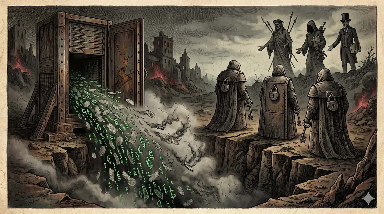 A bank of servers glowing with counterfeit green digits, routing ghostly cryptocurrency signals into a void where conventional bank vaults stand closed