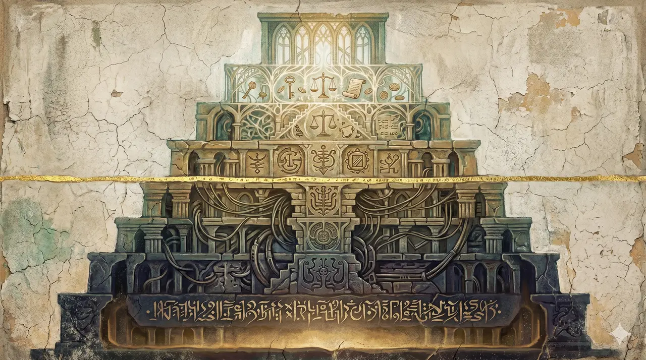 A vertical cutaway diagram of nine stacked computing layers: surface internet at the top shading into Treasury and military layers, Federal Reserve telecom layers, and at the bottom an alien glyph-language of AI command systems glowing beneath