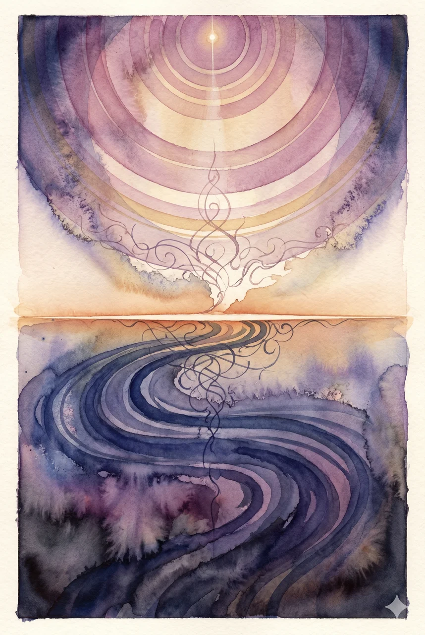 Two concentric bands of light separated by a dark seventh-layer threshold, the upper band ascending to a radiant point and the lower band descending into indigo depths