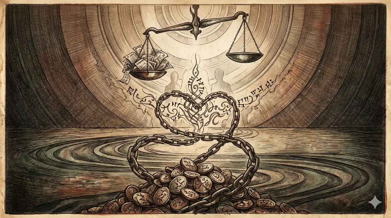 Heavy chains of debt spiraling upward from a pile of counterfeit coins, dissolving into glyphs that trap human silhouettes of light