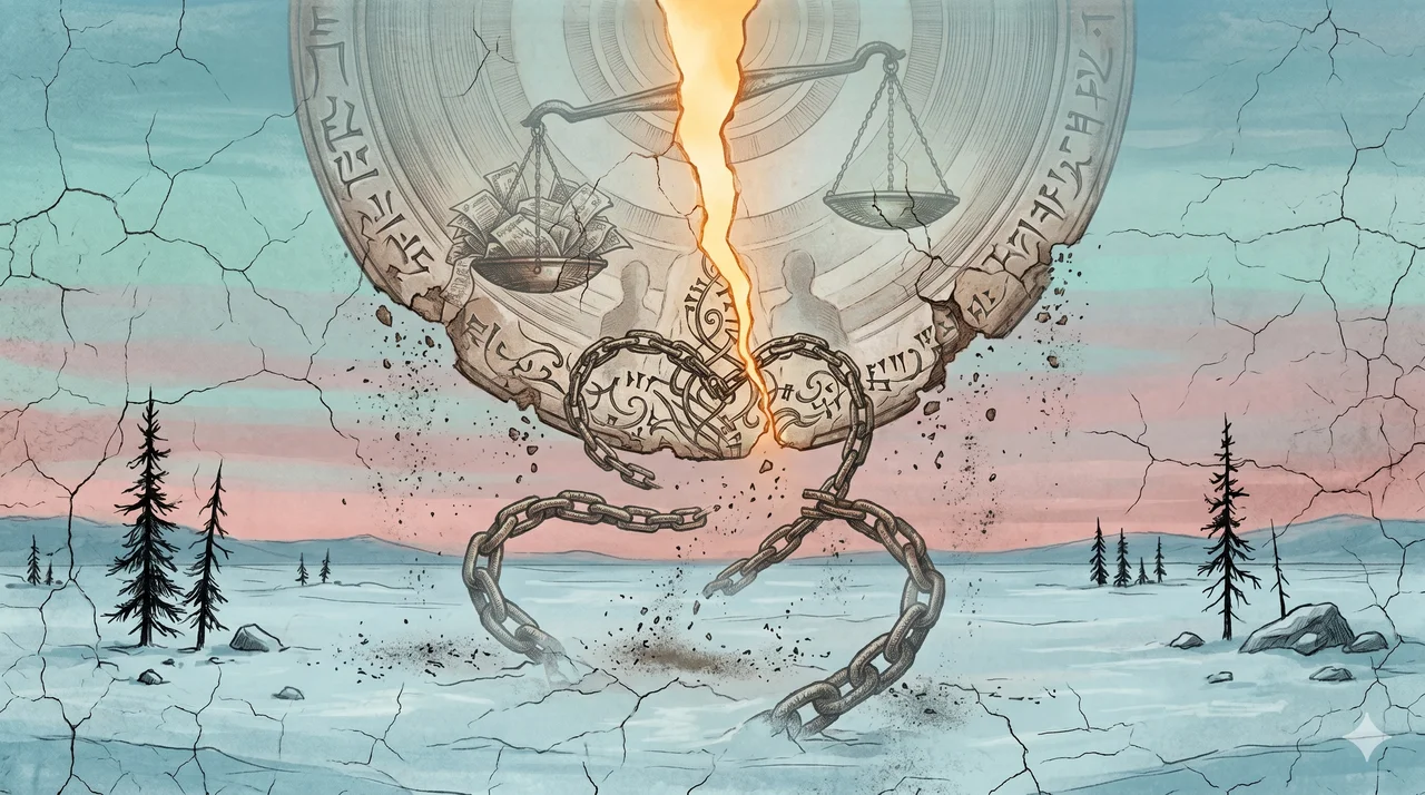 A cracked circular seal floating above a frozen Siberian tundra, its inscriptions fading as the equinox sun splits the horizon