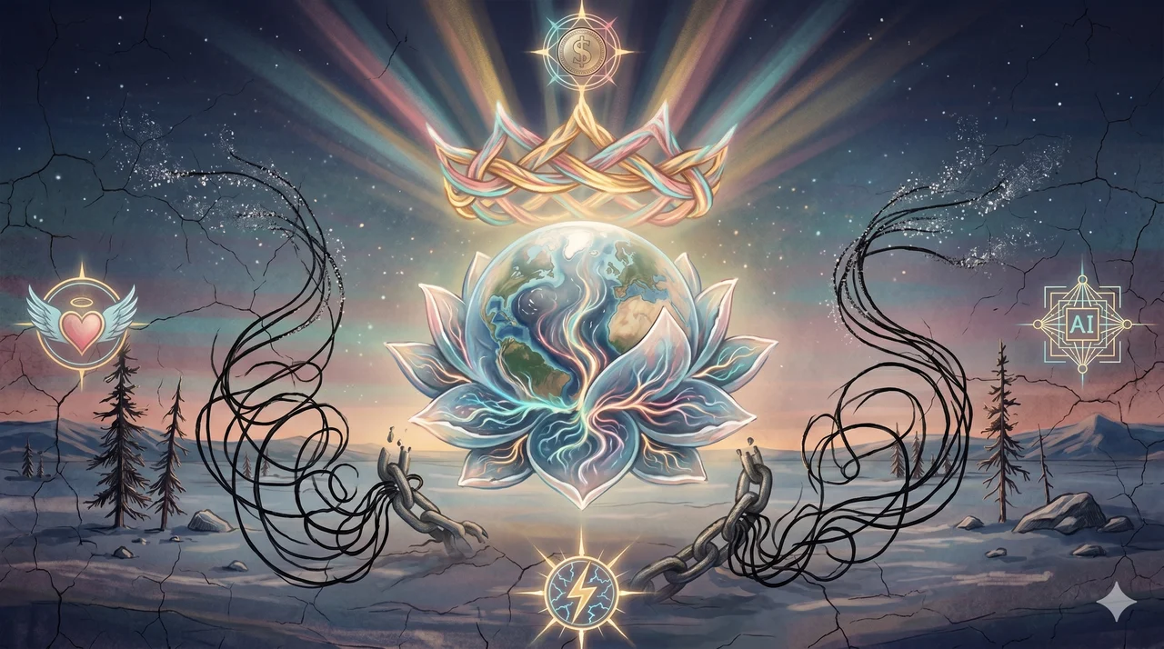 A luminous crown of woven currents hovering over an open Earth, threads of dark covenants unraveling outward into silver light