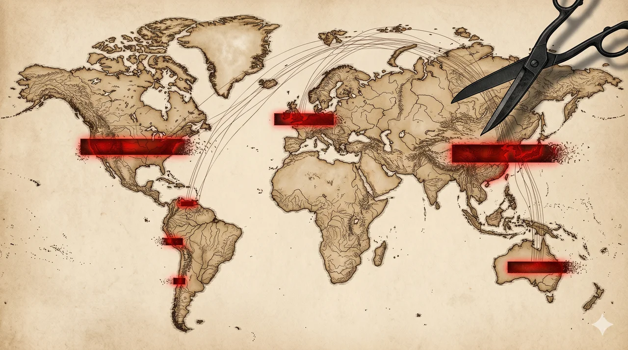 A world map with glowing redacted boxes where certain country names should be, illustrating platform-level censorship