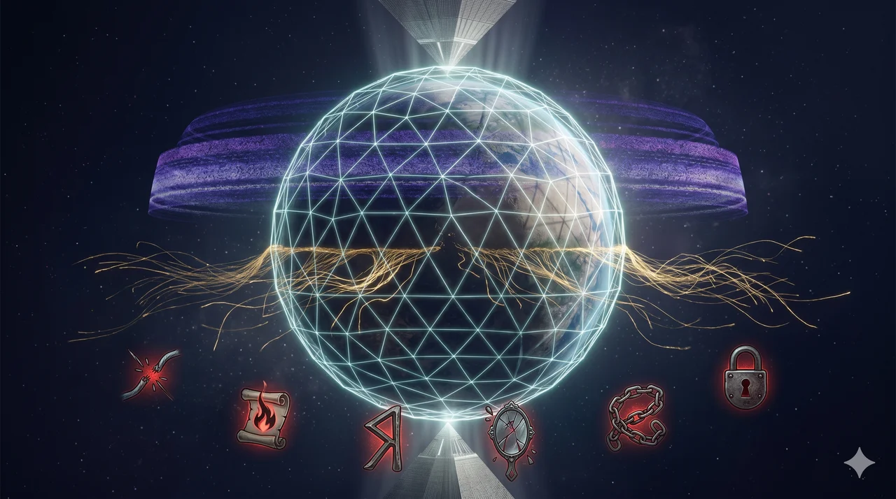 A stylized planet encased in a translucent cage of artificial light beams, with ley-line-like threads being cut at the equator