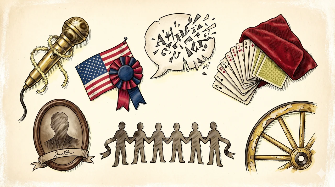 A vintage-style illustration of a campaign manager's desk with seven labeled tools arranged like a toolkit: microphone, flag, speech bubble, stacked cards, testimonial photo, crowd figure, and bandwagon wheel