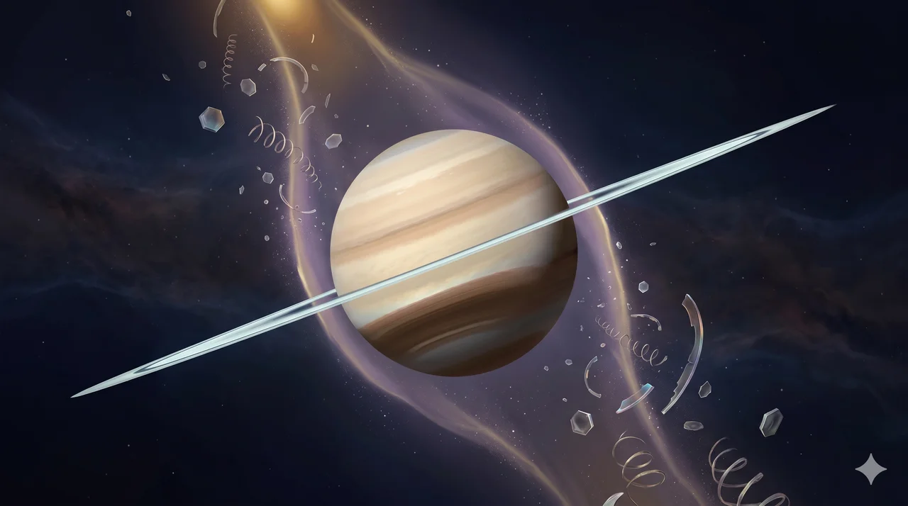 Saturn with its rings viewed edge-on, appearing as a thin line across the planet, set against deep space