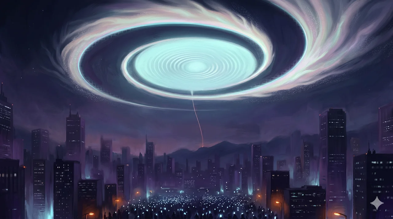 A luminous spiral projection in a night sky above a city skyline, with people pointing their phones at it