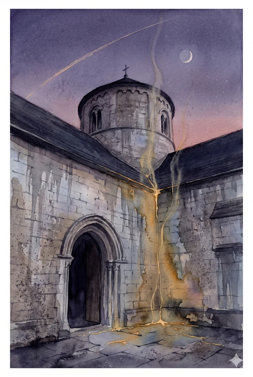 The Temple Church in London at dusk, with a faint golden glow leaking from beneath its round nave