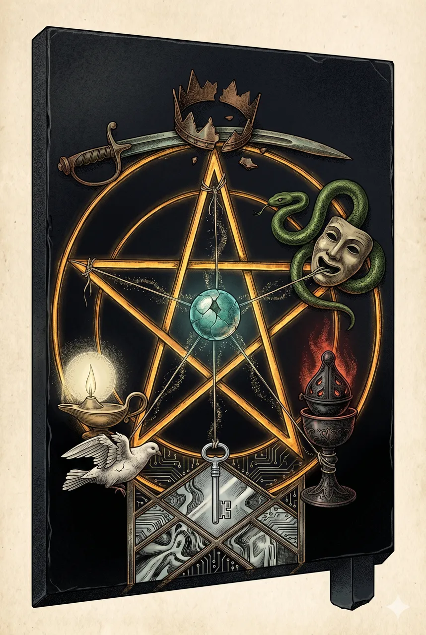 Five archetypal figures arranged around a pentagram-shaped chessboard, with Earth at the center as the keystone piece