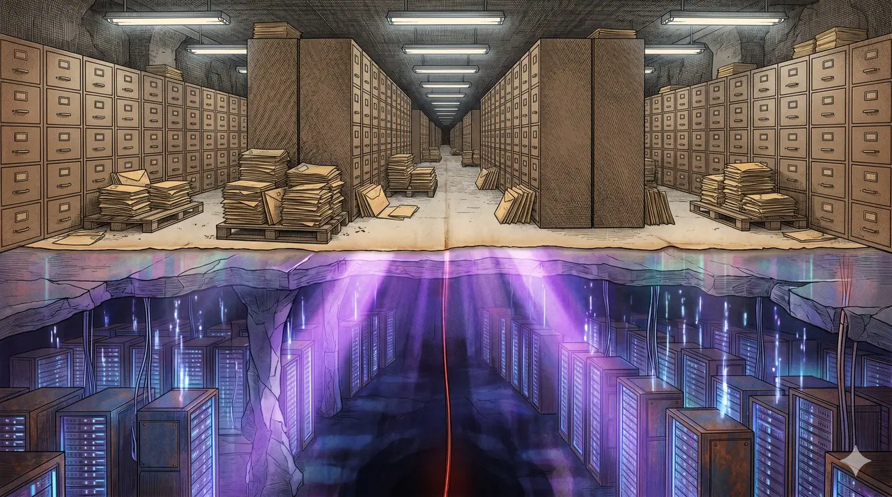 Filing cabinets stacked ten high in a Pennsylvania mine, with the floor fading into a glowing off-planet AI infrastructure beneath
