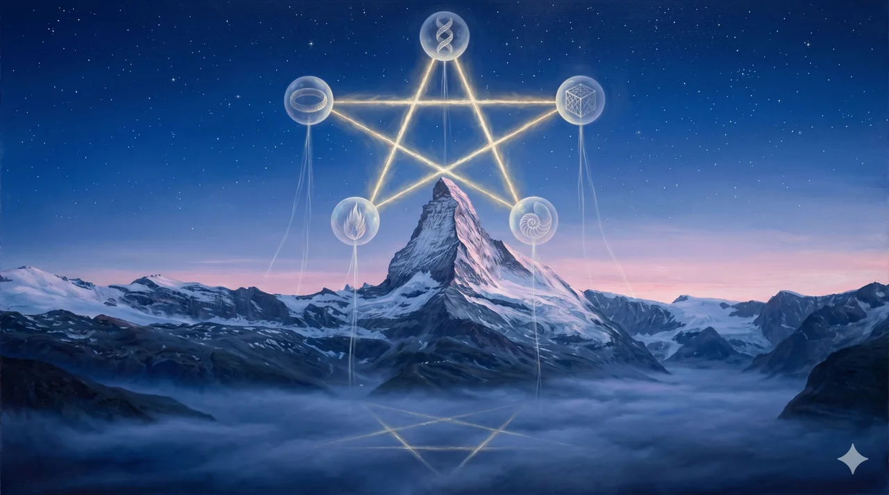 The Matterhorn peak rising against a star-filled sky with a luminous five-pointed pentagram seal overlaid, each point marked by a celestial sphere