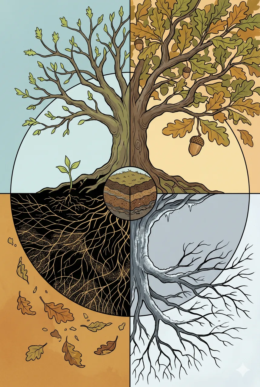 A single tree through four seasons arranged in a circle: seed in late summer, bare branches in winter, decay feeding soil, and new green growth in spring