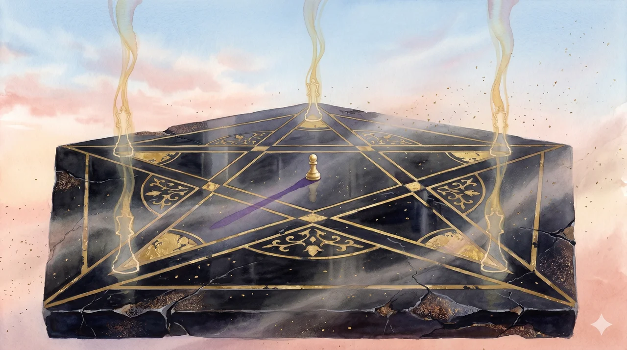 A single chess pawn standing alone on an empty pentagram-shaped chessboard at dawn, with the five king pieces fading away into light