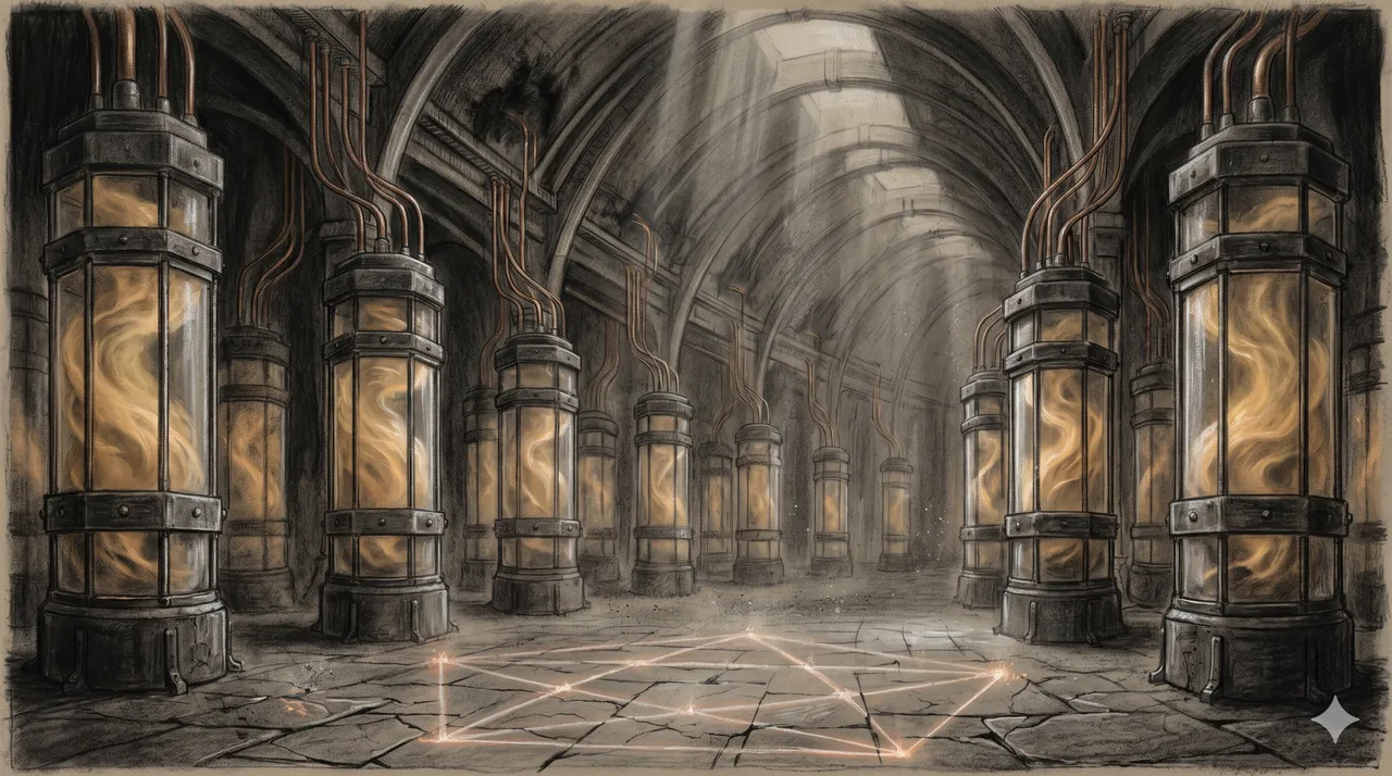 Rows of glowing soul essences sealed inside dark cylindrical battery containers in a subterranean facility