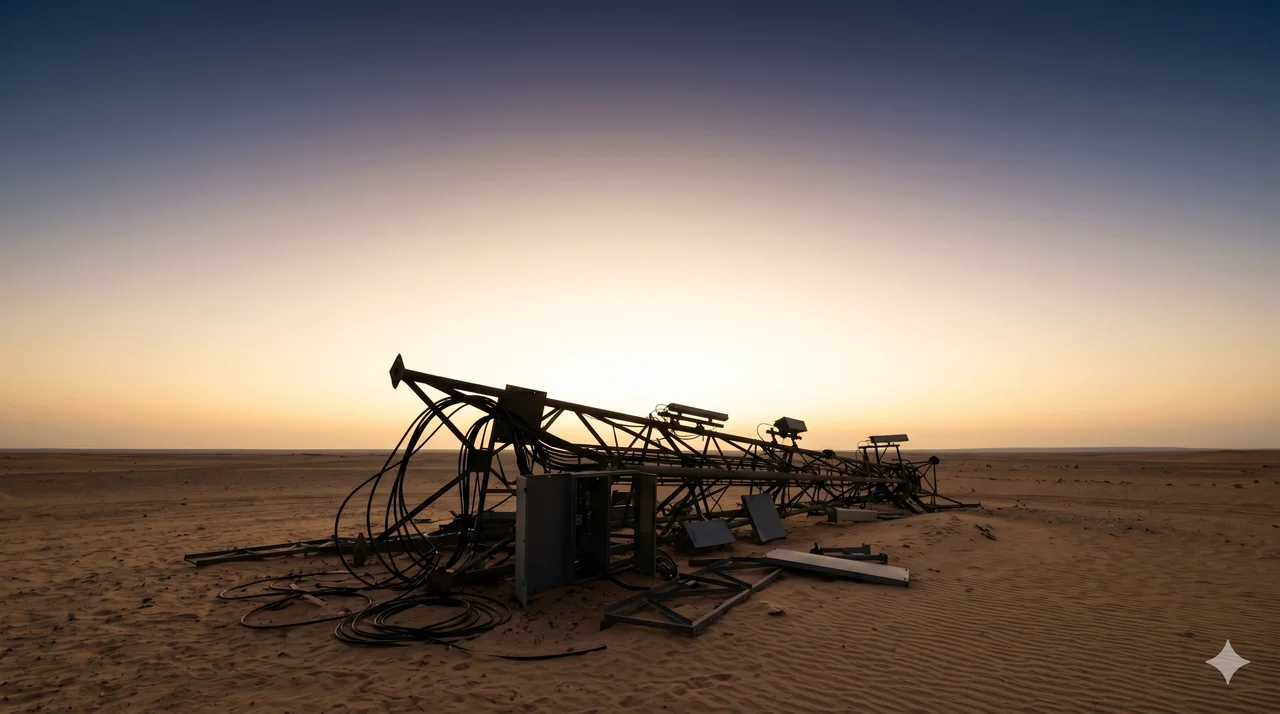A dismantled frequency tower at dusk, its cables cut and panels lying in the sand, with a clear quiet sky above