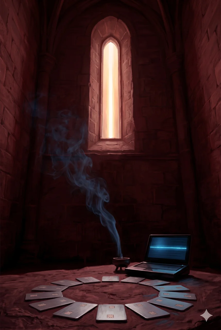 A chip-card access key lying on a ritual table beneath dim red light, with no response on the terminal screen beside it