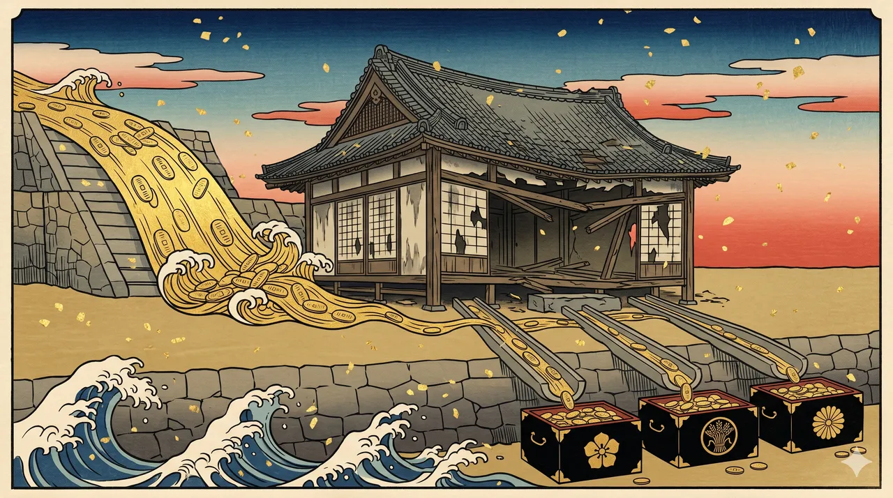 Money-flow diagram: tariff revenue routed through the Federal Reserve into a broken high-yield trading terminal, with arrows splitting off to banking families