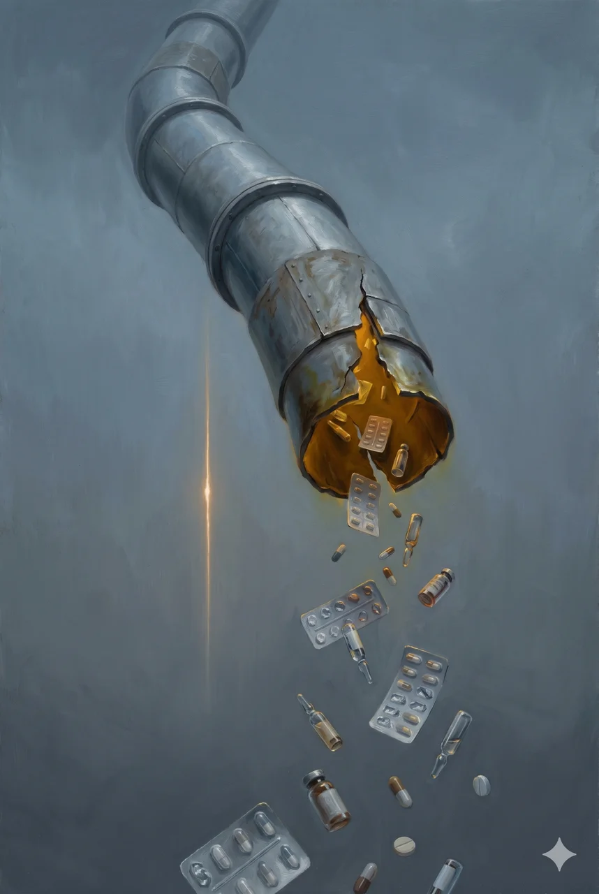 Broken pharmaceutical supply chain: pills dropping through a fractured import pipeline spanning China, India, and Mexico