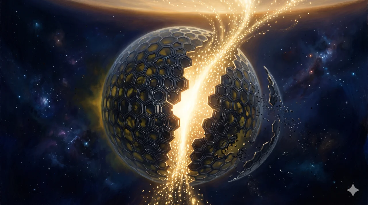 Golden Source-light particles escaping from a cracked synthetic black-glass shell, drifting upward toward a warm horizon