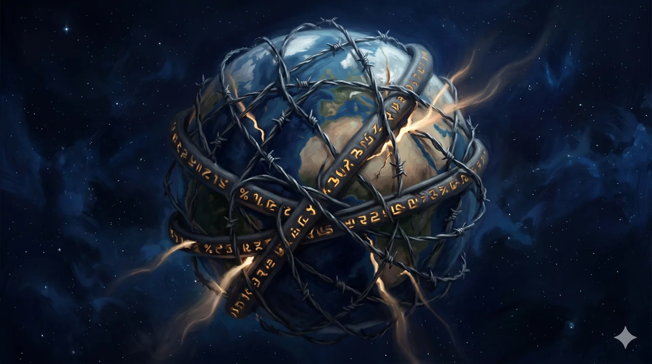 Stylized globe wrapped in barbed-wire tariff percentages, each nation stamped with a numeric rate
