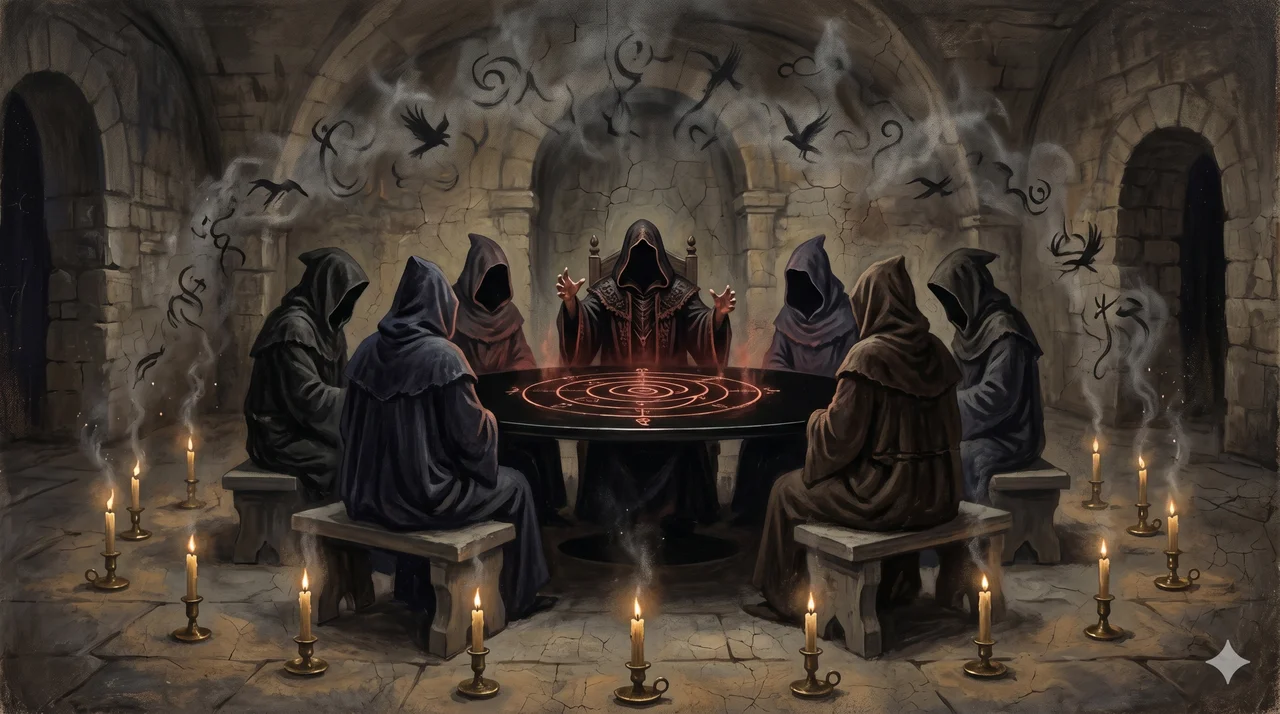 A dimly lit chamber with six faceless figures seated around a circular table, one elder at the head gesturing over a ritual diagram