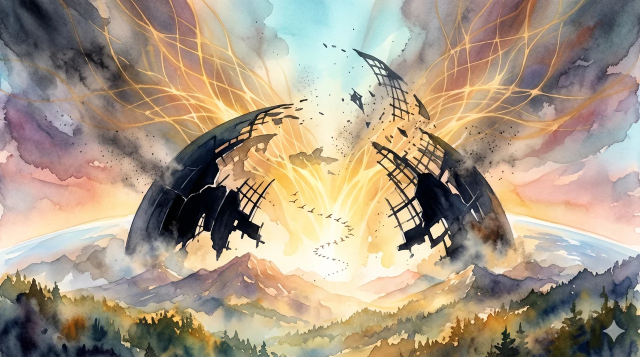 A dark synthetic dome shattering upward into golden light as a new Source-based photon field expands over Earth