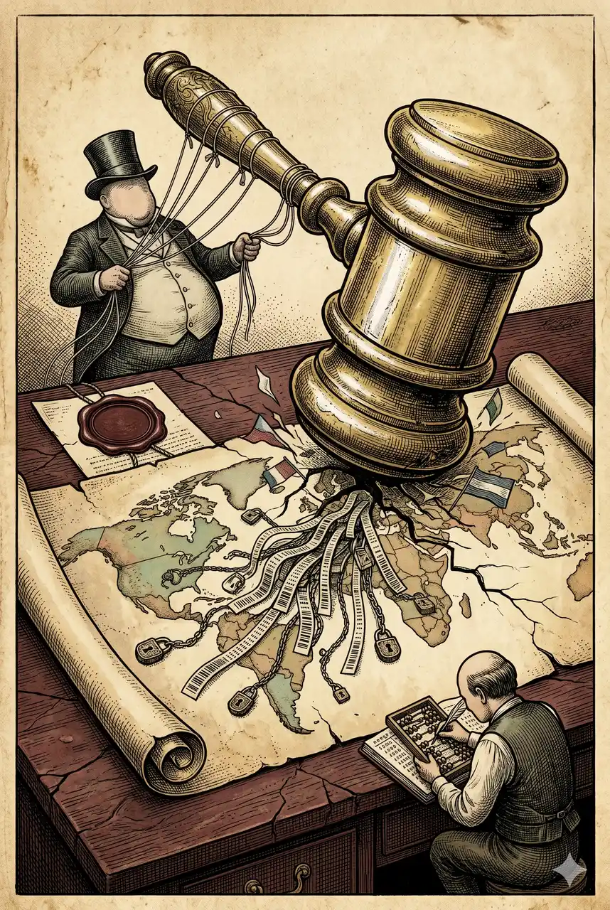 A gavel coming down on a map of the world, with national flags being replaced by debt-ledger symbols