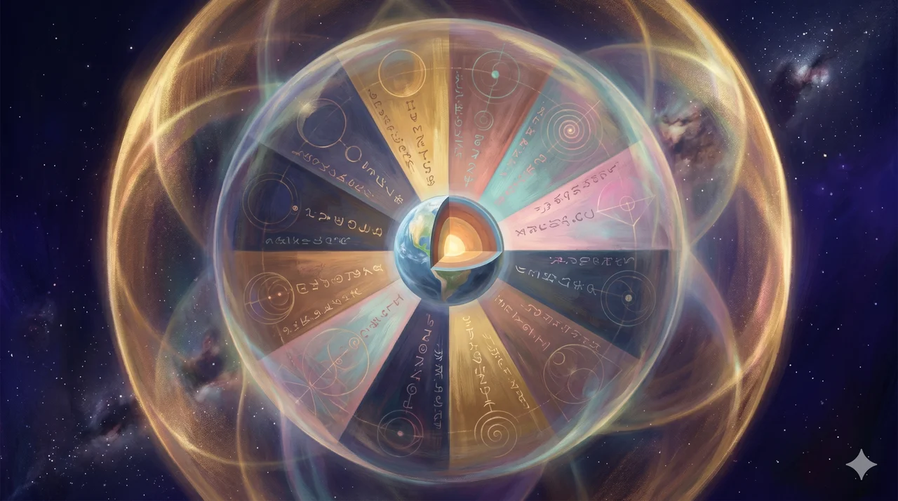 A translucent planetary-scale sphere enclosing Earth, with 12 inner zones radiating outward and a 13th overlay encompassing all