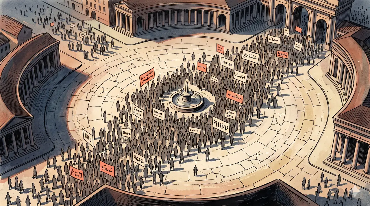 Crowds filling a city plaza with Hands Off protest signs visible in multiple languages